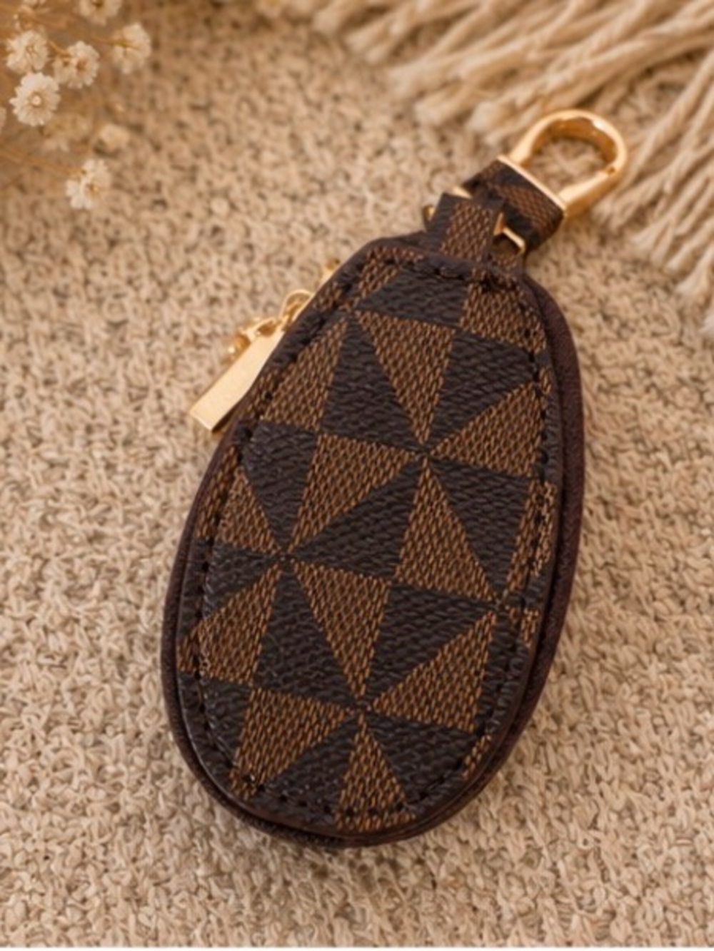 Designer Inspired Brown Checkered Oval Keychain Coin Pouch | Purse Charm